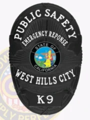 This elegant custom metal badge in black color with a safety pin attachment displays the words "PUBLIC SAFETY," "EMERGENCY RESPONSE," and "WEST HILLS CITY." The badge features a striking design with a central emblem representing the California state seal, reflecting commitment to service.