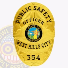 A beautifully crafted custom metal badge in gold color with a safety pin attachment features the inscriptions "public safety," "officer," and "354. " the badge showcases the vibrant california state seal at its center, symbolizing dedication to community protection and service.