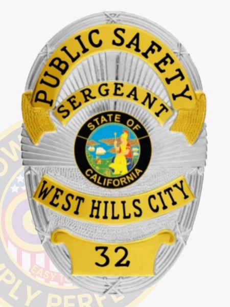Featuring a custom metal badge in silver color with gold panels and a safety pin attachment, this badge emphasizes "PUBLIC SAFETY," "SERGEANT," and "32." The centerpiece showcases a prominent circular emblem with the state seal, enhancing its prestigious appearance.