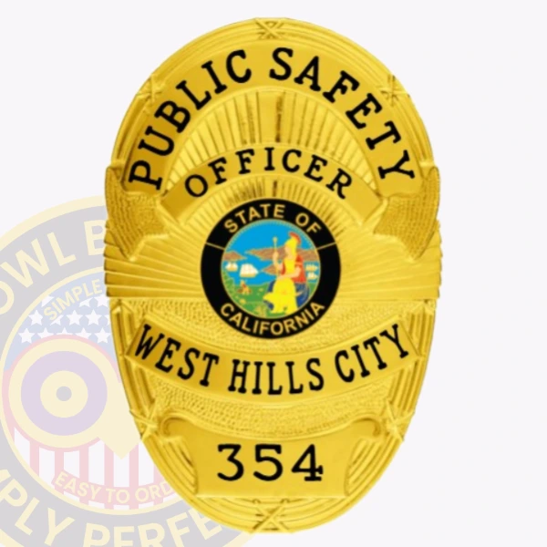 A beautifully crafted custom metal badge in gold color with a safety pin attachment features the inscriptions "PUBLIC SAFETY," "OFFICER," and "354." The badge showcases the vibrant California state seal at its center, symbolizing dedication to community protection and service.