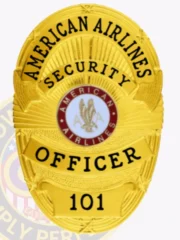 Elegant gold-colored metal badge showcasing "AMERICAN AIRLINES SECURITY OFFICER" above a central airline emblem. With its safety pin attachment, this badge is designed for everyday wear, making it both functional and stylish. This custom metal badge in gold color with safety pin attachment exemplifies excellence and responsibility in the security sector.