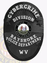 This impressive custom metal badge in black highlights a unique oval shape with intricate detailing. The top section reads "CYBERCRIME DIVISION" in clear white lettering. The center features the Bayshore Police Department insignia, surrounded by "STATE OF WEST VIRGINIA." At the bottom, "BAYSHORE POLICE DEPARTMENT" and "WV" are prominently displayed. A durable safety pin attachment allows for easy and secure wear of the badge.