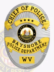 This custom metal badge in silver features a classic oval shape with elegant gold accents. The title "CHIEF OF POLICE" is prominently displayed at the top in bold black letters. Below, the badge showcases the emblem of the Bayshore Police Department at the center, encircled by "STATE OF WEST VIRGINIA." The bottom section reads "BAYSHORE POLICE DEPARTMENT" and "WV," ensuring clear visibility. A safety pin attachment allows for secure wearing.
