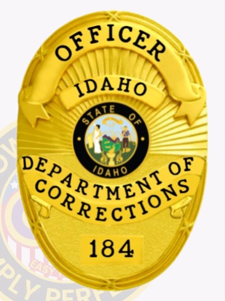 A striking custom metal badge in gold color with safety pin attachment, prominently featuring the text 'OFFICER IDAHO DEPARTMENT OF CORRECTIONS' at the top. The badge showcases a circular emblem of the state seal of Idaho, surrounded by sunburst detailing and the number '184' at the bottom, indicating official identification. The polished surface reflects light, emphasizing its authority and significance.