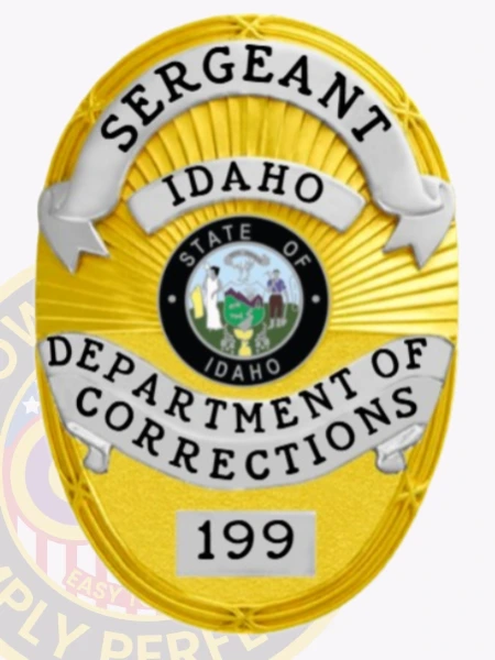 Custom metal badge in gold featuring silver panels, designed for a sergeant in the Idaho Department of Corrections. The badge showcases the state emblem in the center, surrounded by the text "SERGEANT" at the top and "DEPARTMENT OF CORRECTIONS" at the bottom. The badge has a velcro attachment on the back for easy wear and display.