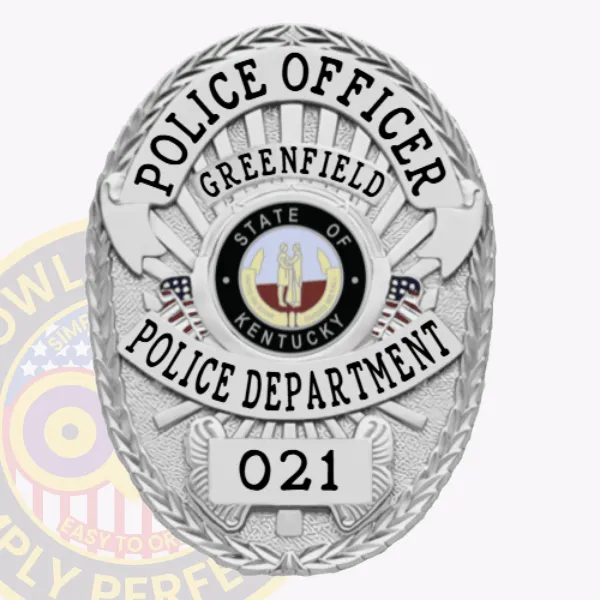 This stylish custom metal badge in silver showcases a refined oval shape adorned with intricate details. The title "POLICE OFFICER" is featured prominently at the top in bold black letters, with "GREENFIELD" directly below. The center displays the Greenfield Police Department logo, surrounded by "STATE OF KENTUCKY." A safety pin attachment provides an easy way to secure the badge.