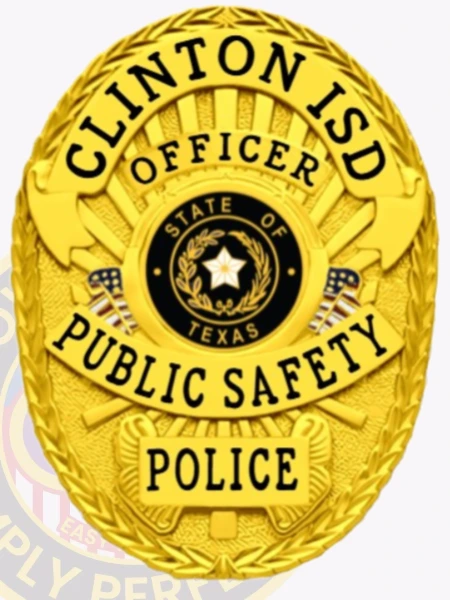 A striking police badge all gold, featuring the text 'CLINTON ISD OFFICER' at the top. The badge displays 'PUBLIC SAFETY POLICE' prominently beneath the central emblem of Texas. Its shiny gold finish and intricate design elements emphasize its authority and significance in law enforcement.