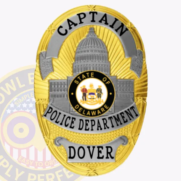 Detailed gold oval flex badge for Dover Police Captain featuring a silver Capitol building at the center, with three silver banners labeled in black text: "CAPTAIN," "POLICE DEPARTMENT," and "DOVER," designed with a safety pin for easy attachment.