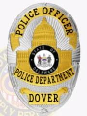 Oval silver custom flex badge with a gold Capitol building and Delaware state seal at its center, accented by three yellow banners labeled "POLICE OFFICER" on top, "POLICE DEPARTMENT" in the center, and "DOVER" at the base, designed for Dover Police and featuring a safety pin.