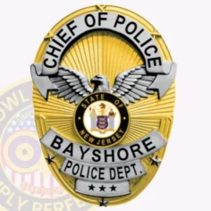 Gold oval metal badge for bayshore police department chief of police, featuring a silver eagle with outstretched wings over a golden sunburst design, silver ribbons with bold black text reading "chief of police," "bayshore," and "police dept. " along with three stars below and the new jersey state seal in the center.