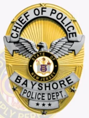 Custom gold oval metal badge for Bayshore police chief of police with safety pin attachment, displaying a silver eagle centered on a bright gold radiating background, black and silver banners with text "CHIEF OF POLICE," "BAYSHORE," and "POLICE DEPT.," including the State of New Jersey seal and three stars at the bottom.