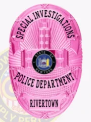 Custom BCAM pink oval metal badge for Rivertown police the special investigations with safety pin attachment, featuring embossed buildings and sunburst pattern in bright pink, bold black text reading "SPECIAL INVESTIGATIONS" at the top, "POLICE DEPARTMENT" across the middle, and "RIVERTOWN" at the bottom, surrounding the State of New York seal.