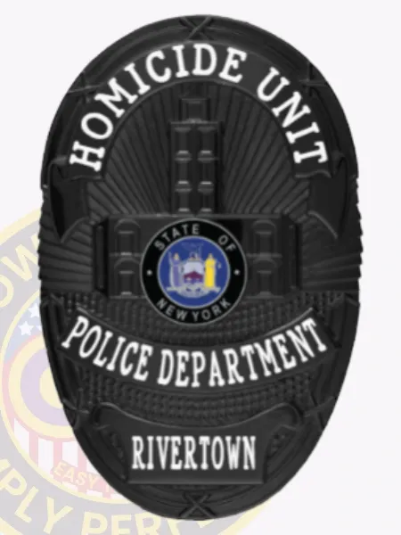 Oval black metal badge designed for Rivertown Police homicide unit with safety pin attachment, showing raised cityscape details and sunburst pattern, bold white lettering stating "HOMICIDE UNIT," "POLICE DEPARTMENT," and "RIVERTOWN," surrounding the New York state emblem at the center.
