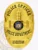 Custom police metal badge in gold oval shape for Rivertown officer, decorated with embossed buildings on a shining gold background, bold black text reading "POLICE OFFICER," "POLICE DEPARTMENT," and "RIVERTOWN," encircling the official New York state seal.
