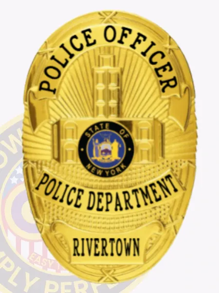 Custom police metal badge in gold oval shape for Rivertown officer, decorated with embossed buildings on a shining gold background, bold black text reading "POLICE OFFICER," "POLICE DEPARTMENT," and "RIVERTOWN," encircling the official New York state seal.