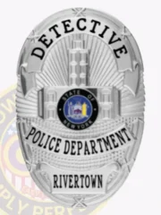 Silver oval custom metal badge for Rivertown police detective with safety pin back, displaying embossed urban buildings on a radiant silver background, black text banners with "DETECTIVE," "POLICE DEPARTMENT," and "RIVERTOWN," featuring the New York state seal in the middle.