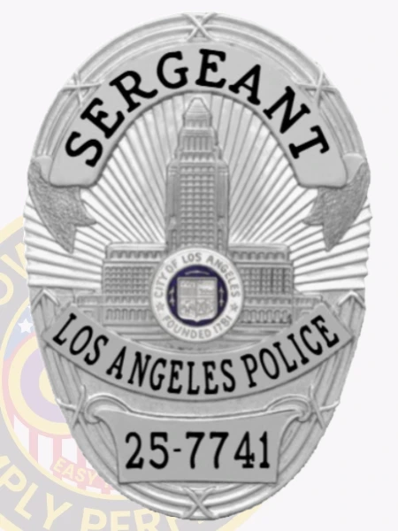 Los Angeles police custom oval metal sergeant badge displaying a silver shield with sunburst pattern and embossed city hall, featuring black text SERGEANT on an arched banner and LOS ANGELES POLICE beneath it, finished with a black number plate 25-7741 and safety pin attachment on the back.
