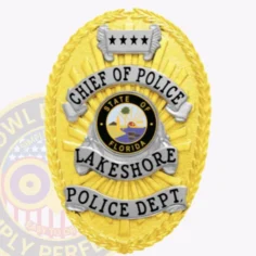 Custom gold oval metal badge for lakeshore police the chief of police with safety pin attachment, featuring a bright gold laurel wreath border and sunburst background, silver banners with black text reading "chief of police," "lakeshore," and "police dept. ," topped by a silver plate with four black stars and the state of florida seal in the center.