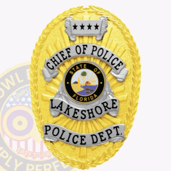 Custom gold oval metal badge for Lakeshore police the chief of police with safety pin attachment, featuring a bright gold laurel wreath border and sunburst background, silver banners with black text reading "CHIEF OF POLICE," "LAKESHORE," and "POLICE DEPT.," topped by a silver plate with four black stars and the State of Florida seal in the center.