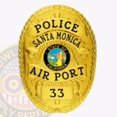 A custom metal badge in all gold for the santa monica airport, displaying the word "police" at the top, followed by "santa monica" above the central emblem. The badge features the emblem for the "state of california" at its center, with "air port" below it and the badge number "33" at the bottom. Its shiny gold finish and detailed design emphasize its official and authoritative appearance.