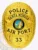 A custom metal badge in all gold, prominently displaying the word "POLICE" at the top, followed by "SANTA MONICA" and "AIR PORT" beneath it. The badge features the emblem for the "STATE OF CALIFORNIA" at its center, with the badge number "33" at the bottom. Its shiny gold finish reflects authority and professionalism, highlighting its detailed craftsmanship.