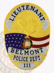 Detailed gold oval police badge for Belmont Police Lieutenant highlighting an eagle at the crest above the Alabama state seal and American flag, framed by silver text banners reading "LIEUTENANT," "BELMONT," "POLICE DEPT.," and badge number "111," designed with a safety pin.