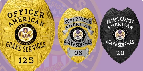 Three custom security officer badges in gold, silver, and black finishes showing officer, supervisor, and patrol ranks with company name and badge number