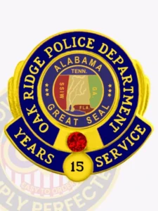 Custom Lapel Pins 13 Round department seal lapel pin with a service year number and a red stone