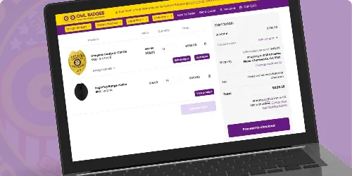 Reviewing finished custom security officer badge designs in the cart before checkout, with quantities, finishes, and order total
