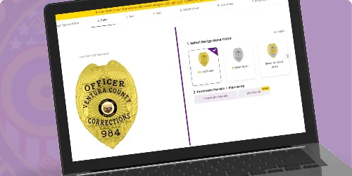 A laptop screen displaying an online customization tool for creating custom corrections badges, correctional badges, prison badges, and jail badges. The featured badge is an oval-shaped gold design with a textured finish, prominently displaying the text 'OFFICER VENTURA COUNTY CORRECTIONS' in bold black lettering. Below, the badge number '984' adds a personal detail. On the right side of the interface, users can select badge colors, including options for black badges, silver, and gold, along with premium finishes for further customization. This image highlights where to buy custom corrections badges and related badges through an easy-to-navigate online platform.