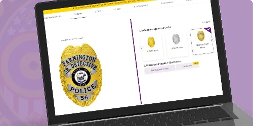 A laptop screen displaying an online customization tool for creating custom detective badges and personalized police detective badges. The featured badge is a polished gold oval design with the text 'FARMINGTON DETECTIVE POLICE' prominently displayed in bold black lettering. At the center, a circular emblem adds a professional touch, while the badge number '56' is clearly visible below. On the right side of the interface, users can select badge colors, including silver and black options, and customize additional features. This image highlights where to buy custom detective badges and design, create, build, and order custom police detective badges through a user-friendly online platform.