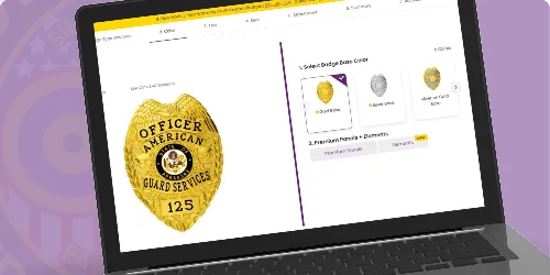Owl Badges online designer on a laptop showing a gold security officer badge being customized with company name, badge number, and color and finish options