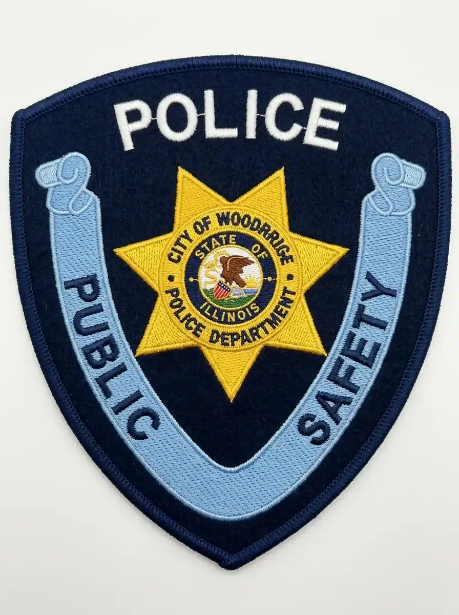 Embroidered navy shield police patch with white top lettering, a light blue ribbon banner curving around a gold seven-point star seal and a navy merrowed border