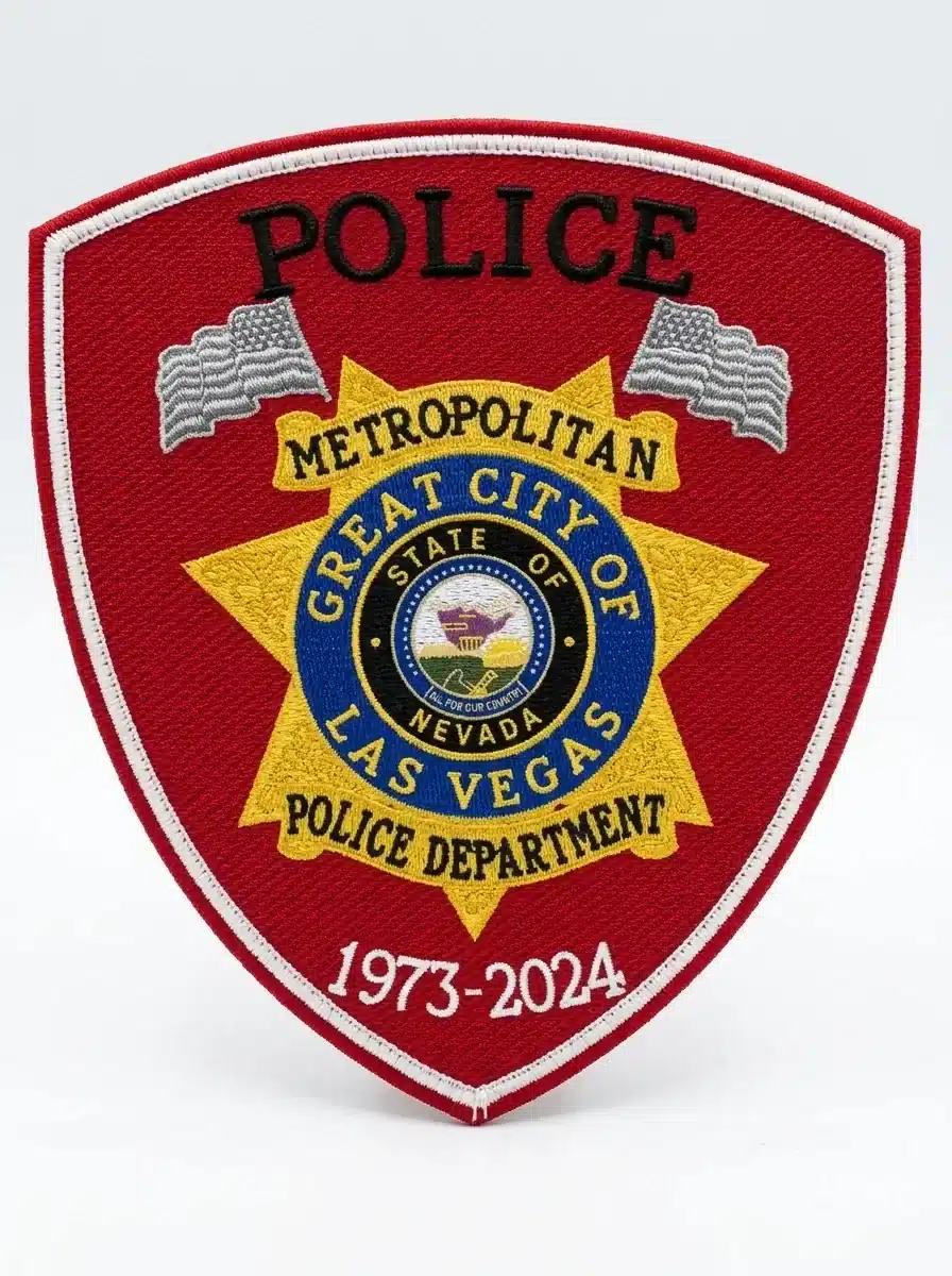 Embroidered red shield police patch with black top lettering, two silver flags, a gold star with a blue ring seal and a white merrowed border