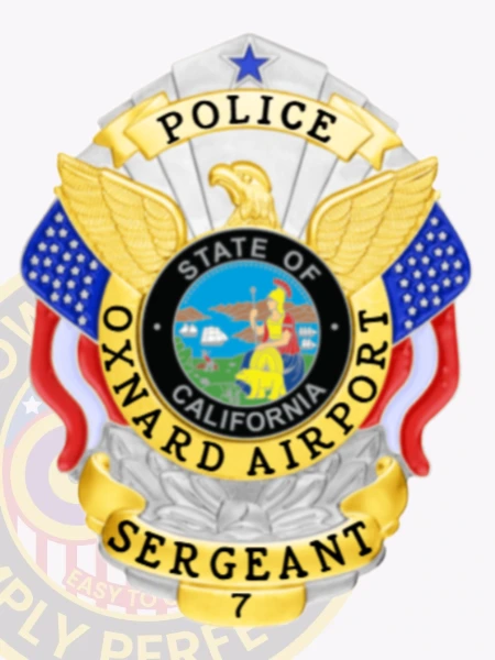 A custom metal badge in silver with gold panels featuring the title “POLICE” prominently at the top. The badge has a sleek silver design accented with gold elements, including an eagle emblem at the top and colorful blue and red details on either side. In the center, a circular seal represents the “STATE OF CALIFORNIA,” showcasing a vibrant scene. Below the seal, the words “OXNARD AIRPORT SERGEANT” are clearly visible, along with the badge number “7.” The combination of silver and gold enhances the badge's official and prestigious appearance, making it a striking symbol of law enforcement.