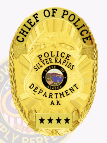 This elegant gold custom metal badge showcases "CHIEF OF POLICE" in bold letters at the top, with "POLICE SILVER RAPIDS" prominently displayed in the center. The badge features a circular emblem representing "STATE OF ALASKA," along with "DEPARTMENT AK" and four stars below. The safety pin attachment allows for easy and reliable fastening on official attire.