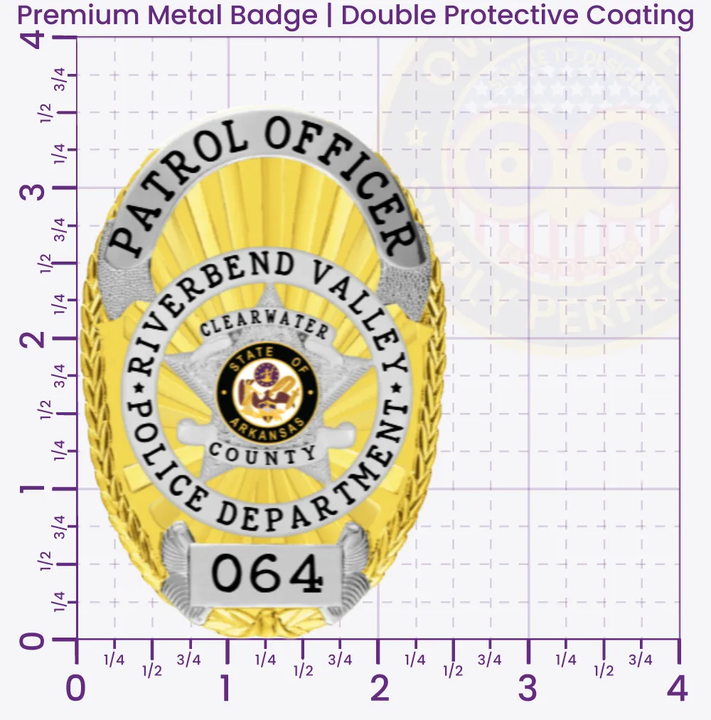 11-19A1 Custom Badges And Design, Create, Build and Order Custom Badges Personalized Badges Officer Badges Riverbend Valley Police Gold Badges 3.56 Premium