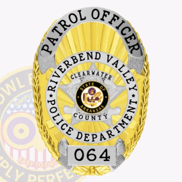 This elegant custom metal badge in gold with silver panels showcases the title "PATROL OFFICER" prominently at the top. In the center, a silver star displays the state seal of Arkansas, framed by "RIVERBEND VALLEY POLICE DEPARTMENT" and "CLEARWATER COUNTY." The badge bears the number "064" at its base and includes a safety pin attachment for secure wear.