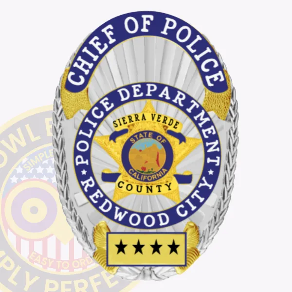 A custom metal badge in silver featuring striking gold and blue reverse enamel panels, prominently displaying "CHIEF OF POLICE" at the top. The center showcases a gold star with the state seal of California, surrounded by "POLICE DEPARTMENT," "SIERRA VERDE," and "REDWOOD CITY." The badge includes four stars at the bottom and has a safety pin attachment for secure wearing.