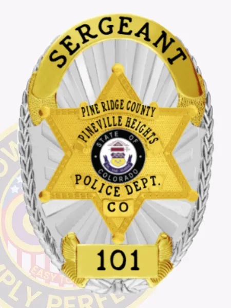 This image depicts a custom flex badge finished in bright silver with elegant gold accents and equipped with a safety pin attachment. The badge features the title "SERGEANT" at the top, with "PINE RIDGE COUNTY PINEVILLE HEIGHTS POLICE DEPT. CO" elegantly wrapping around a central police emblem. The number "101" is clearly visible at the bottom, providing a personalized touch.