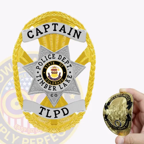 An eye-catching custom flex badge in gold presents a distinctive star design with stylish silver accents. The word "CAPTAIN" is displayed at the top in bold black font, while the center features the Timber Lake Police Department insignia, framed by "STATE OF COLORADO" and "TLPD." The velcro attachment allows for convenient wear and adaptability.