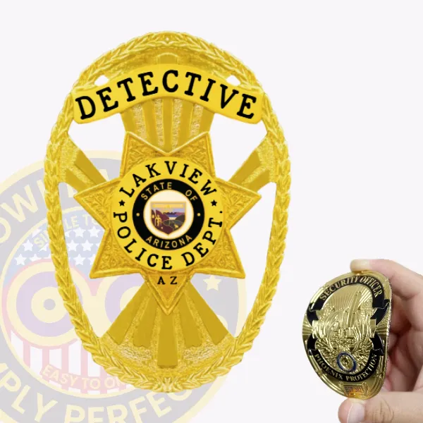 A detailed image of a custom flex badge in gold with velcro attachment, prominently displaying the title "DETECTIVE" at the top. The badge features "LAKVIEW POLICE DEPT." along with the state emblem of Arizona, identifying it with the designation "AZ."
