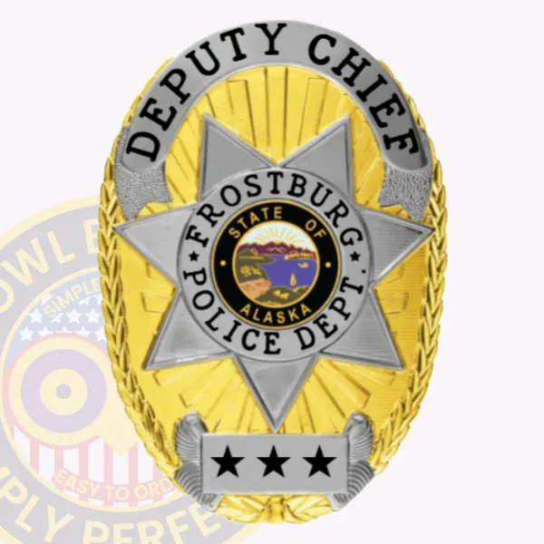 A stunning custom metal badge in gold with silver panels, prominently displaying "DEPUTY CHIEF" at the top. The center features a bold star design with "FROSTBURG POLICE DEPT." and an emblem representing "STATE OF ALASKA." Below, the badge includes three stars and is designed with a safety pin attachment for secure wear on uniforms.