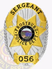A stylish custom metal badge in silver with gold accents that reads "SERGEANT" across the top and "FROSTBURG POLICE DEPT." prominently in the center. The star design highlights an emblem for "STATE OF ALASKA," with "056" noted below. Featuring a sturdy safety pin attachment, this badge provides secure placement on uniforms for law enforcement professionals.