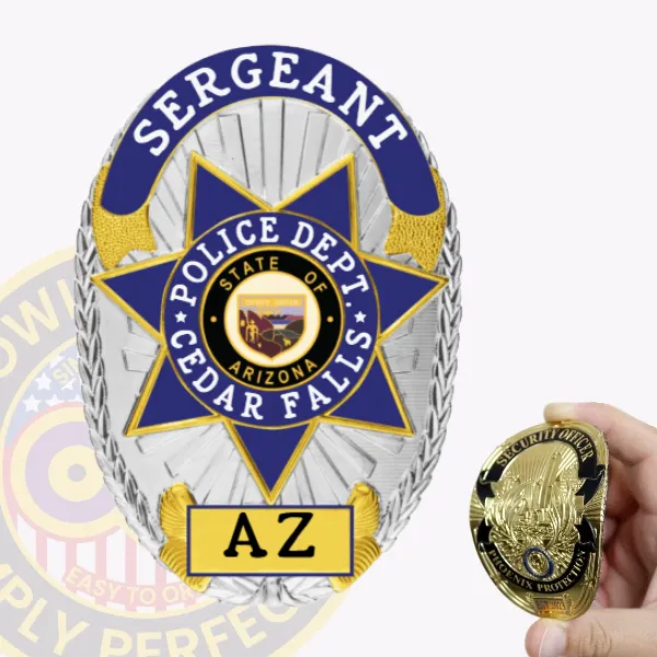 This polished custom flex badge in silver with gold and blue panels highlights "SERGEANT" across the top, followed by "POLICE DEPT. CEDAR FALLS" in the center. The central design features a star emblem representing "STATE OF ARIZONA," while "AZ" is displayed at the base. Designed with a velcro attachment, this badge allows for easy and reliable wear.