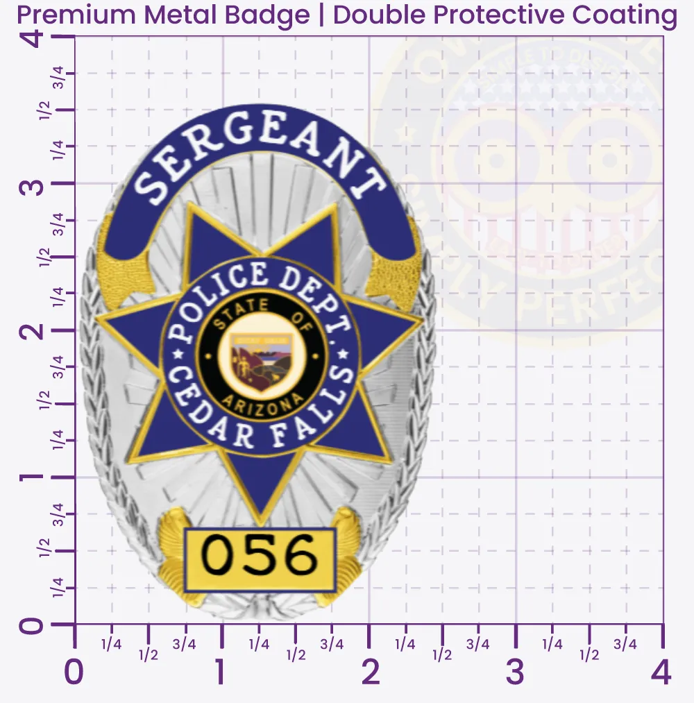 11-D16-2R Custom Badges And Design, Create, Build and Order Custom Badges Personalized Badges Officer Badges Cedar Falls Police Silver w Blue Gold Panels Badges 3.56 Premium