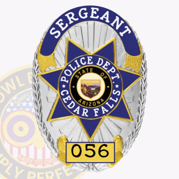 A striking custom metal badge in silver featuring gold and blue reverse enamel panels, prominently displaying "SERGEANT" at the top and "POLICE DEPT. CEDAR FALLS" below. The badge showcases a star design with an emblem for "STATE OF ARIZONA," along with "056" at the bottom. With its safety pin attachment, this badge ensures secure and effortless fastening to any uniform or clothing.