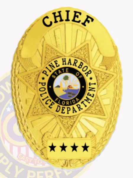This stylish custom metal badge in gold boasts a vibrant star design, prominently displaying "CHIEF" at the top. The center features a circular badge with "PINE HARBOR POLICE DEPARTMENT" and the state of Florida's insignia, accompanied by three stars below, all secured with a convenient velcro attachment for flexible wear.