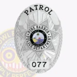 Oval Shield Badge with 7 Point Star Center, Sunburst Background, 4 Text Panels, Laurel Edge view 1