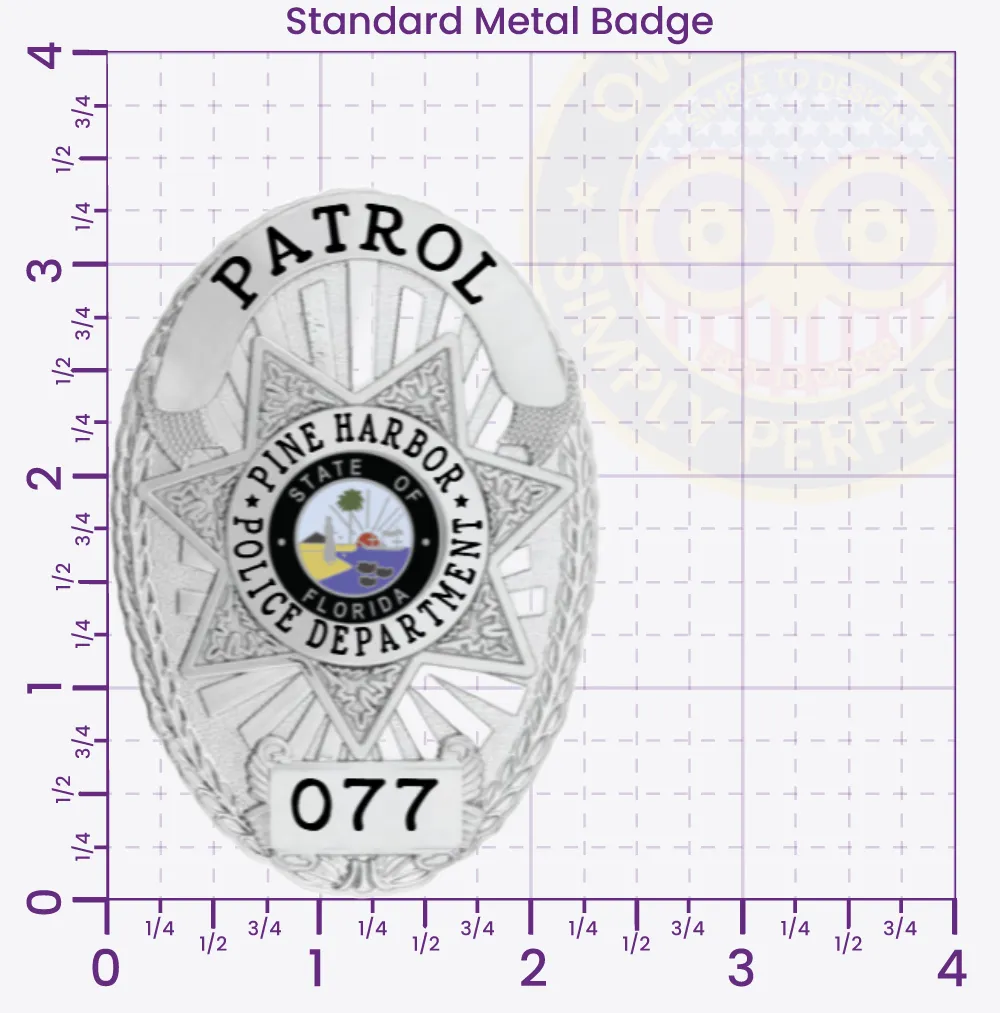 11-D16-3 Custom Badges And Design, Create, Build and Order Custom Badges Personalized Badges Officer Badges Pine Harbor Police Silver Badges 3.375 Standard